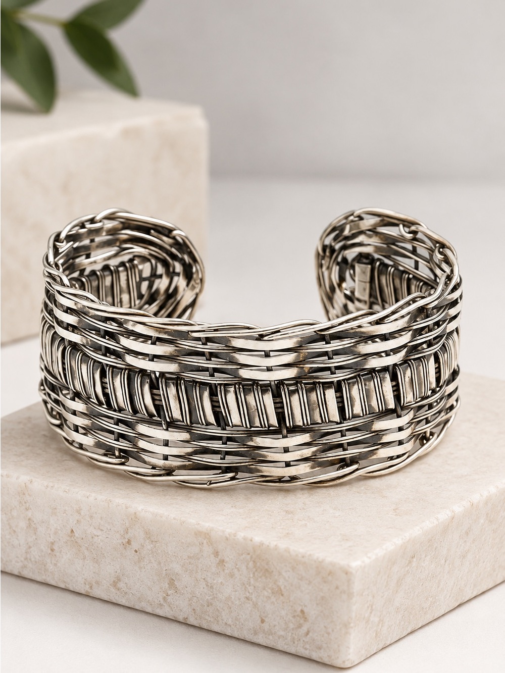 Woven Wire Open Cuff Statement Bracelet Burnished Silver Tone